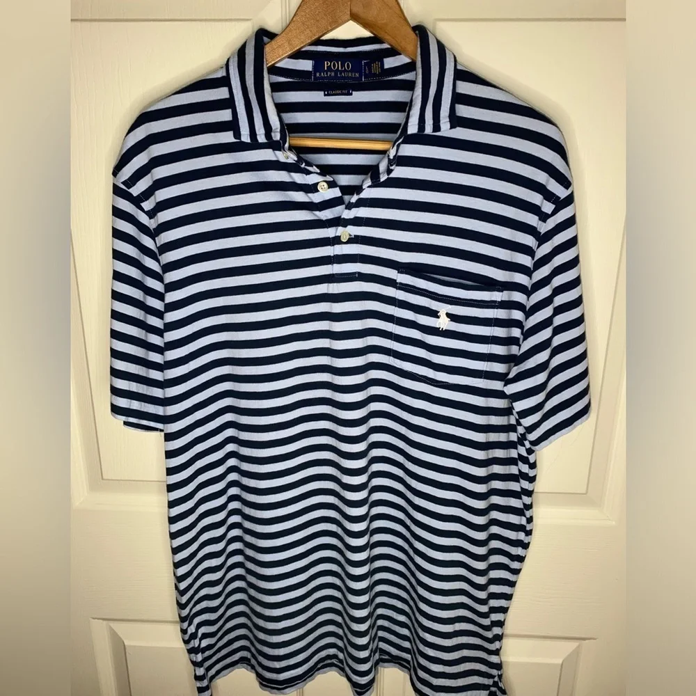Polo Ralph Lauren Classic Fit Striped Polo Shirt - Size L, Navy & Light Blue